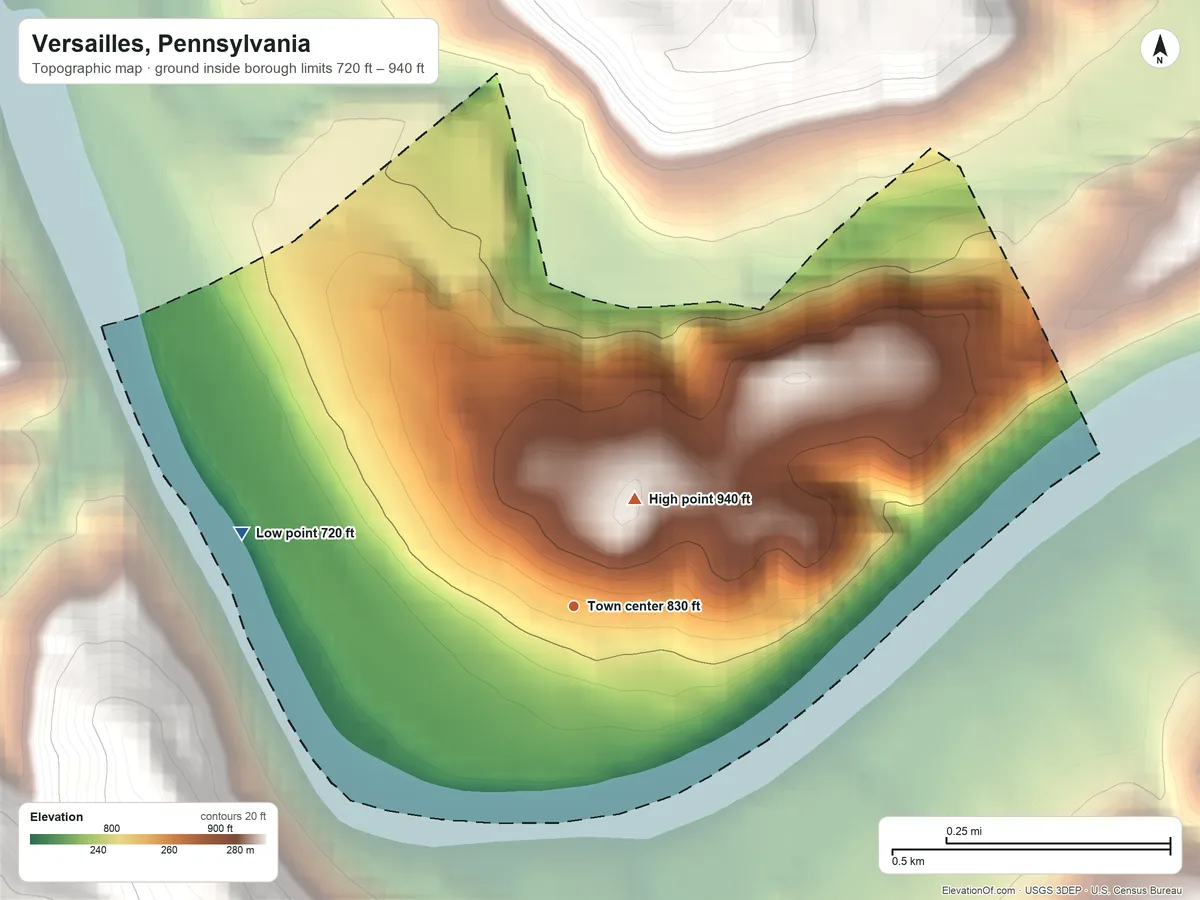 Topographic elevation map of Versailles, Pennsylvania, shaded from 720 ft on the west side to 940 ft on the northeast edge, below higher ground just outside