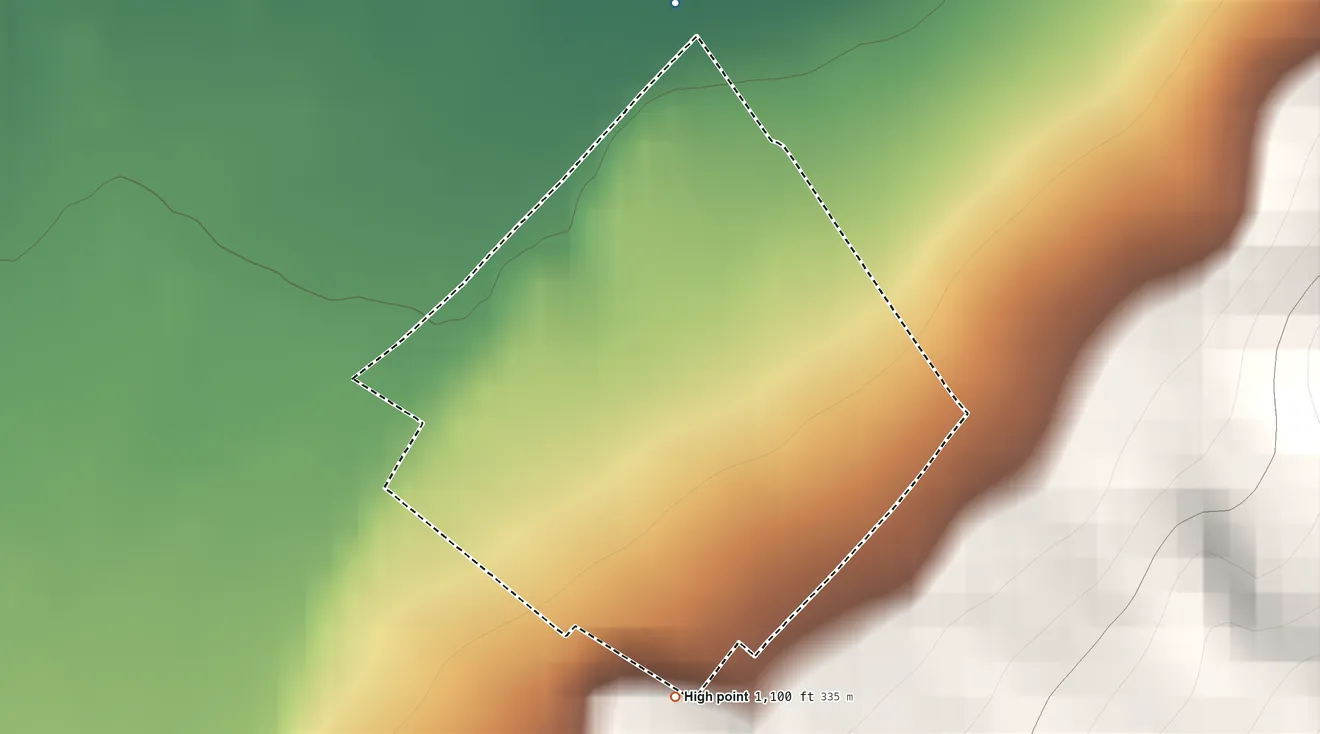 Topographic elevation map of Vicksburg, Blair County, Pennsylvania, shaded from 990 ft on the north side to 1,100 ft at the foot of the Tussey Mountain
