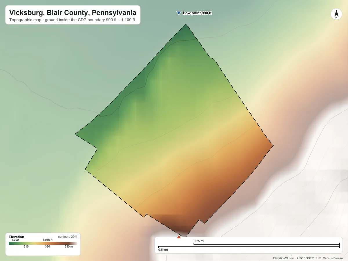 Topographic elevation map of Vicksburg, Blair County, Pennsylvania, shaded from 990 ft on the north side to 1,100 ft at the foot of the Tussey Mountain