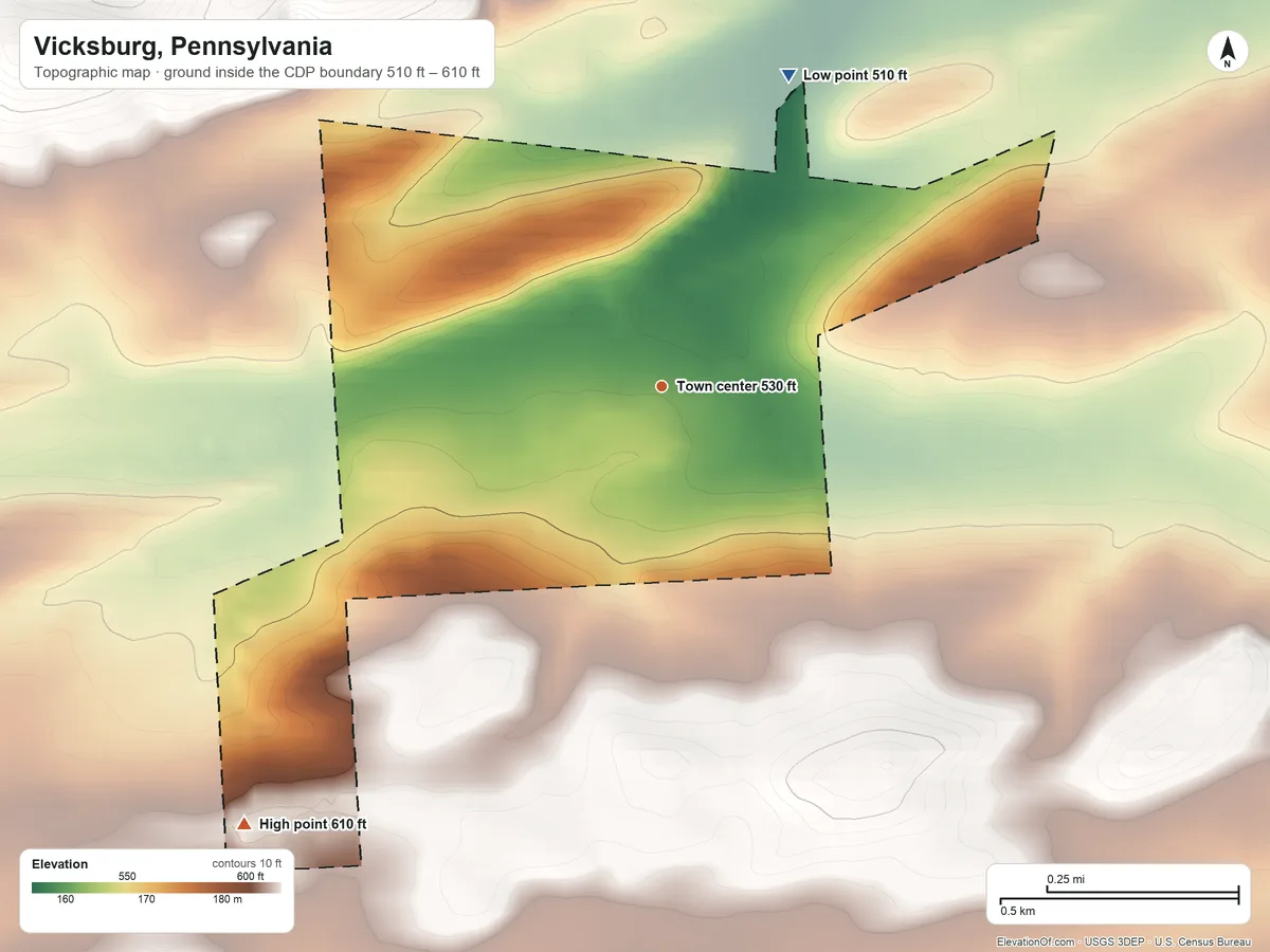 Topographic elevation map of Vicksburg, Pennsylvania, shaded from 510 ft on the north side to 610 ft on the southwest side