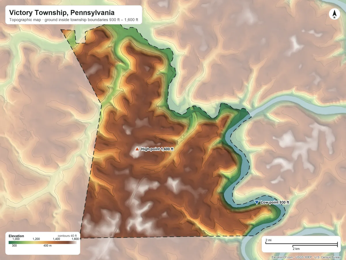 Topographic elevation map of Victory Township, Pennsylvania, shaded from 930 ft on the east side to 1,600 ft on the north side