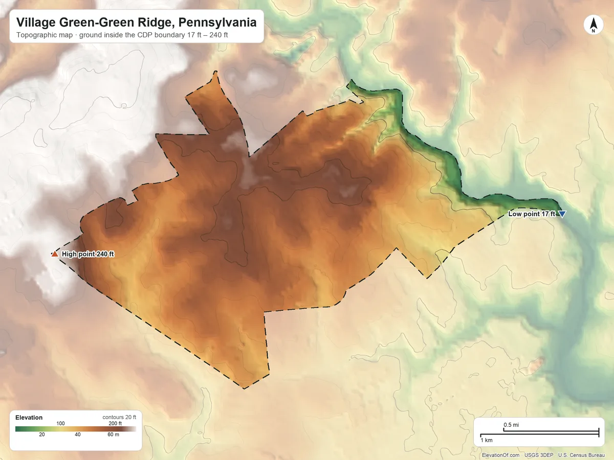 Topographic elevation map of Village Green-Green Ridge, Pennsylvania, shaded from 17 ft on the east side to 240 ft on the west side