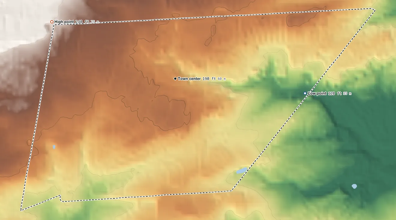 Topographic elevation map of Village Shires, Pennsylvania, shaded from 120 ft on the east side to 240 ft on the northwest side
