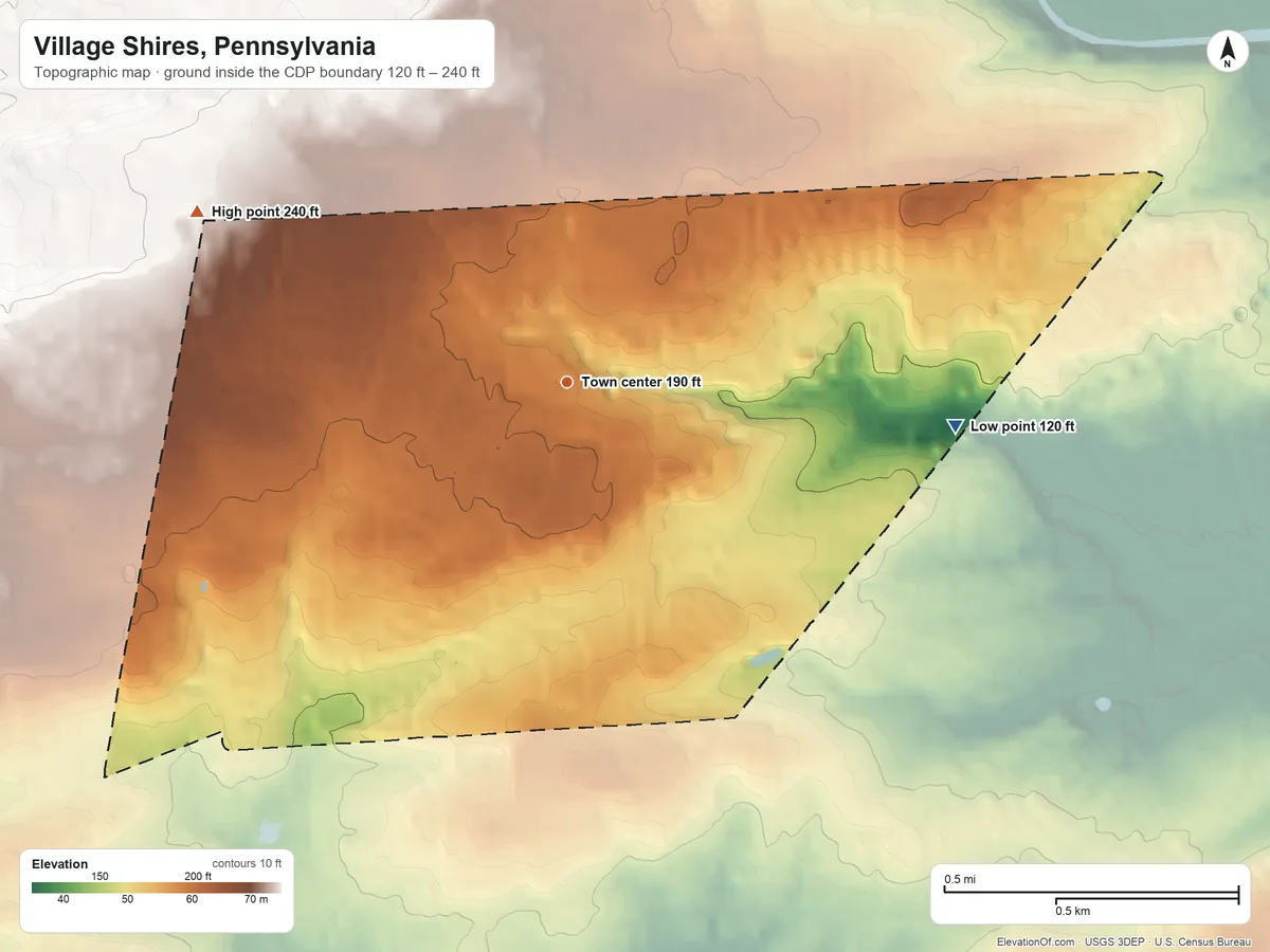 Topographic elevation map of Village Shires, Pennsylvania, shaded from 120 ft on the east side to 240 ft on the northwest side