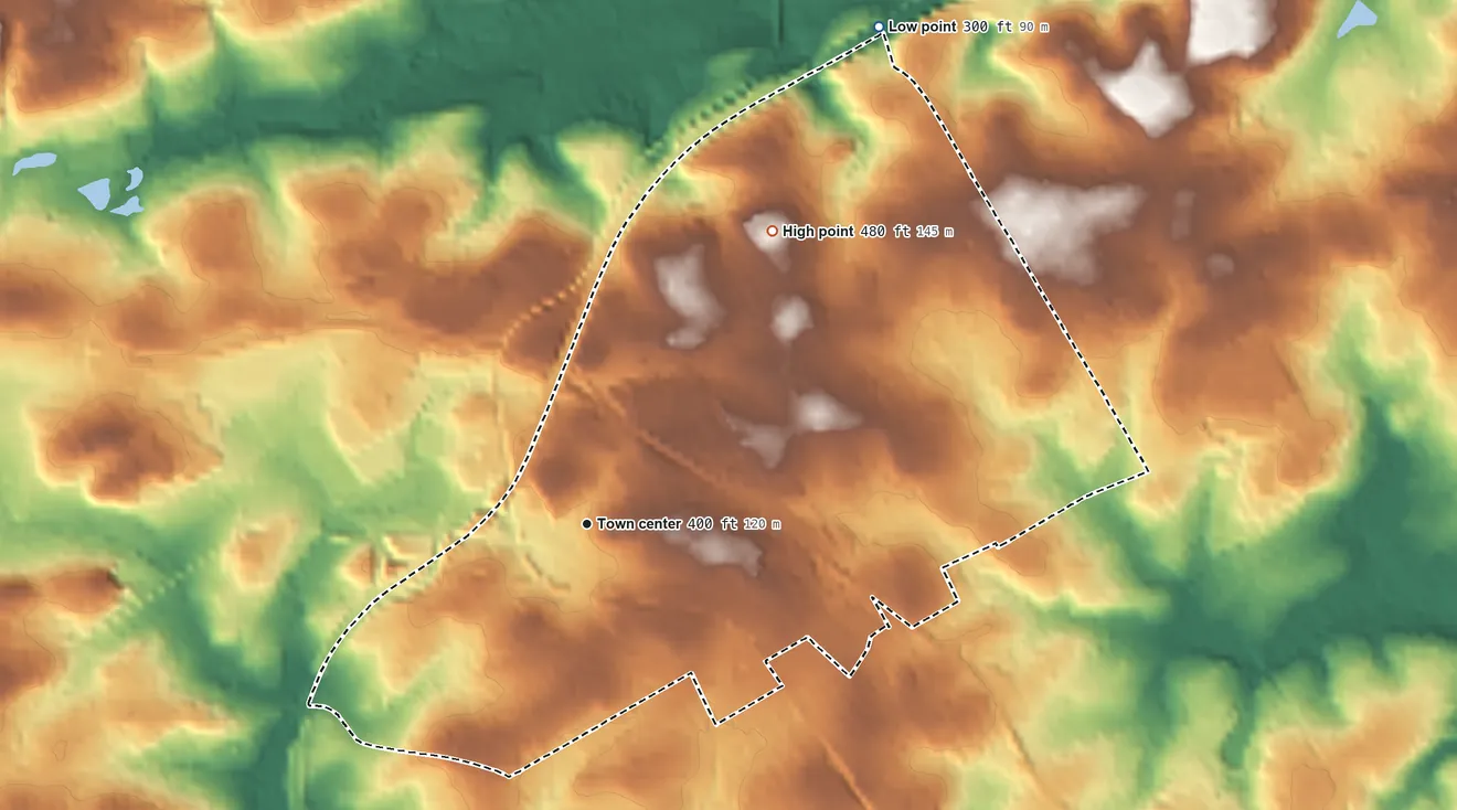 Topographic elevation map of Villanova, Pennsylvania, shaded from 300 ft on the northeast side to 480 ft on the northeast side