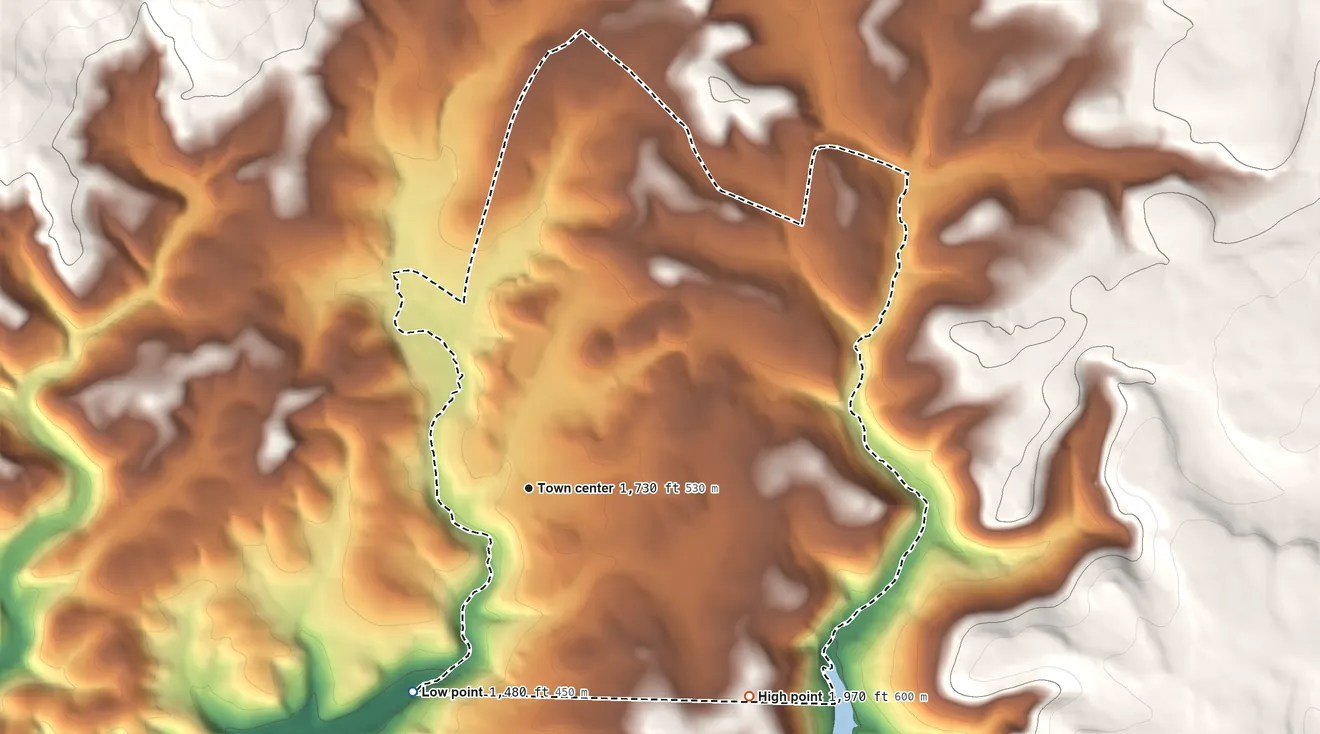 Topographic elevation map of Vinco, Pennsylvania, shaded from 1,480 ft on the southwest side to 1,970 ft on the southeast side