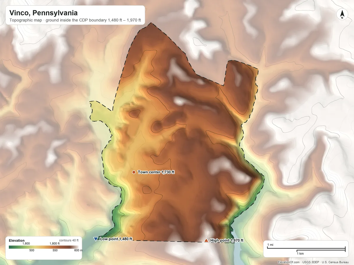 Topographic elevation map of Vinco, Pennsylvania, shaded from 1,480 ft on the southwest side to 1,970 ft on the southeast side