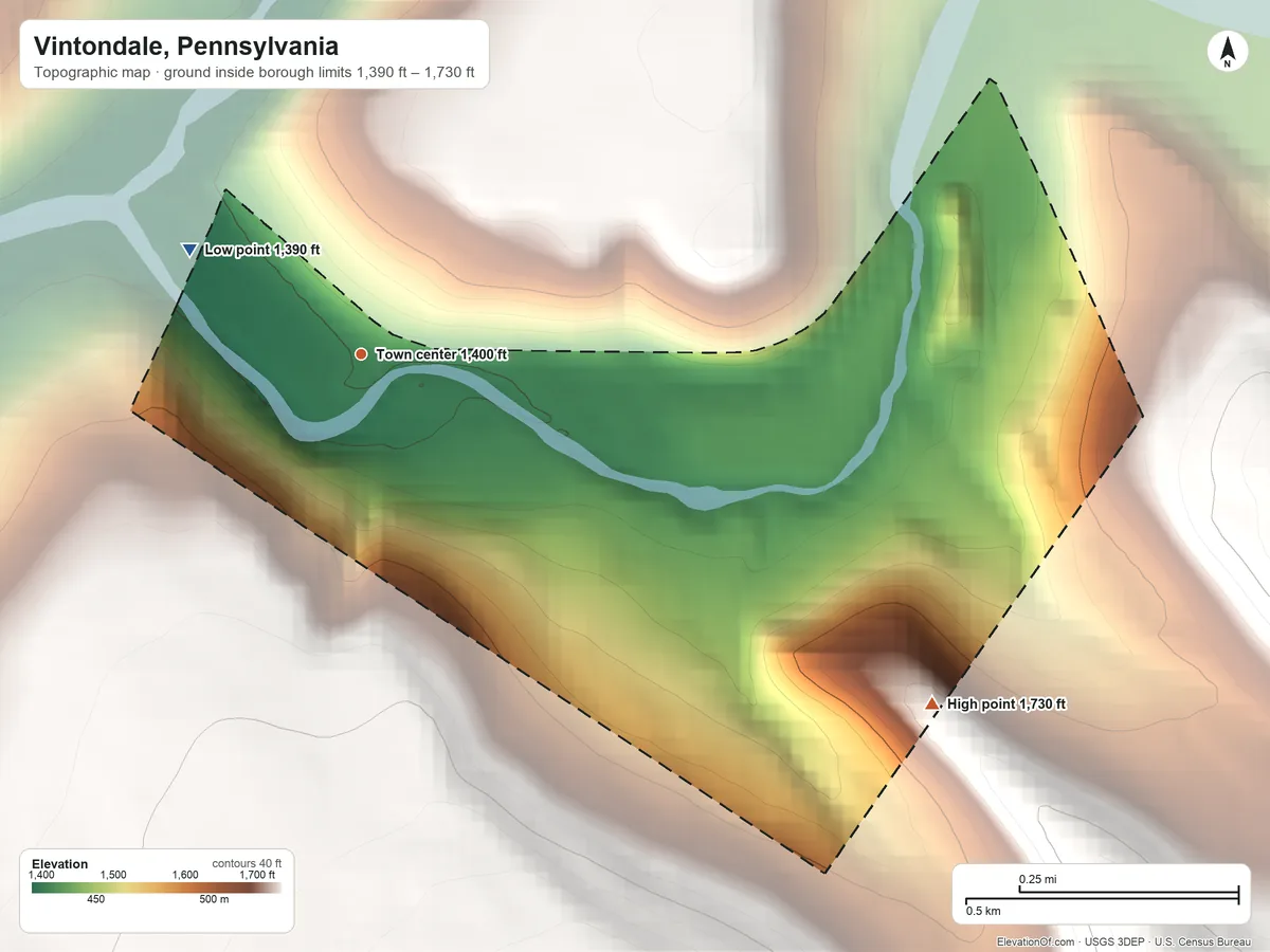Topographic elevation map of Vintondale, Pennsylvania, shaded from 1,390 ft on the northwest side to 1,730 ft on the southeast edge, below higher ground just outside