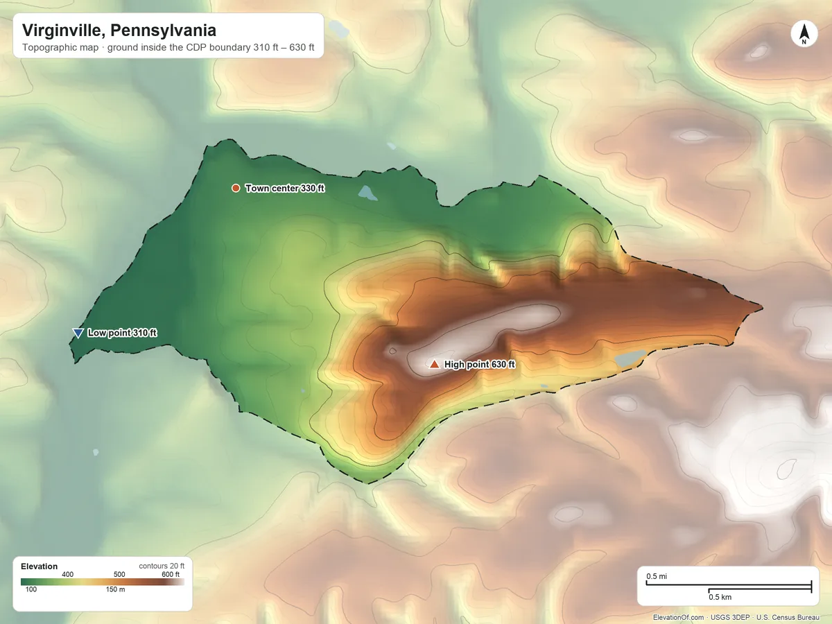 Topographic elevation map of Virginville, Pennsylvania, shaded from 310 ft on the southwest side to 630 ft on the southeast side