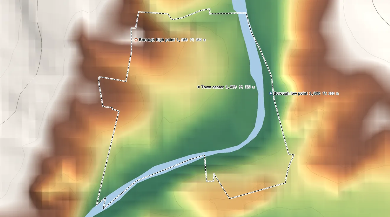 Topographic elevation map of Volant, Pennsylvania, shaded from 1,000 ft on the east side to 1,160 ft on the northwest side