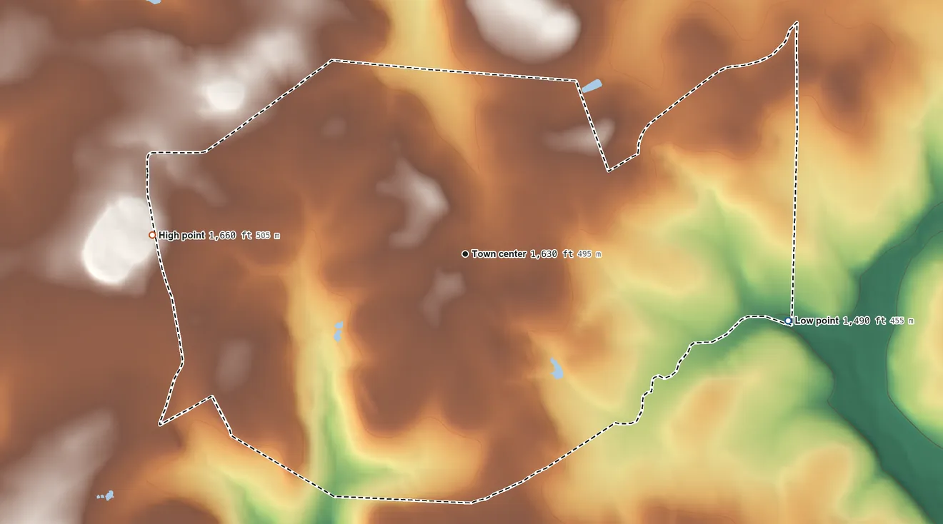 Topographic elevation map of Vowinckel, Pennsylvania, shaded from 1,490 ft on the east side to 1,660 ft on the west side