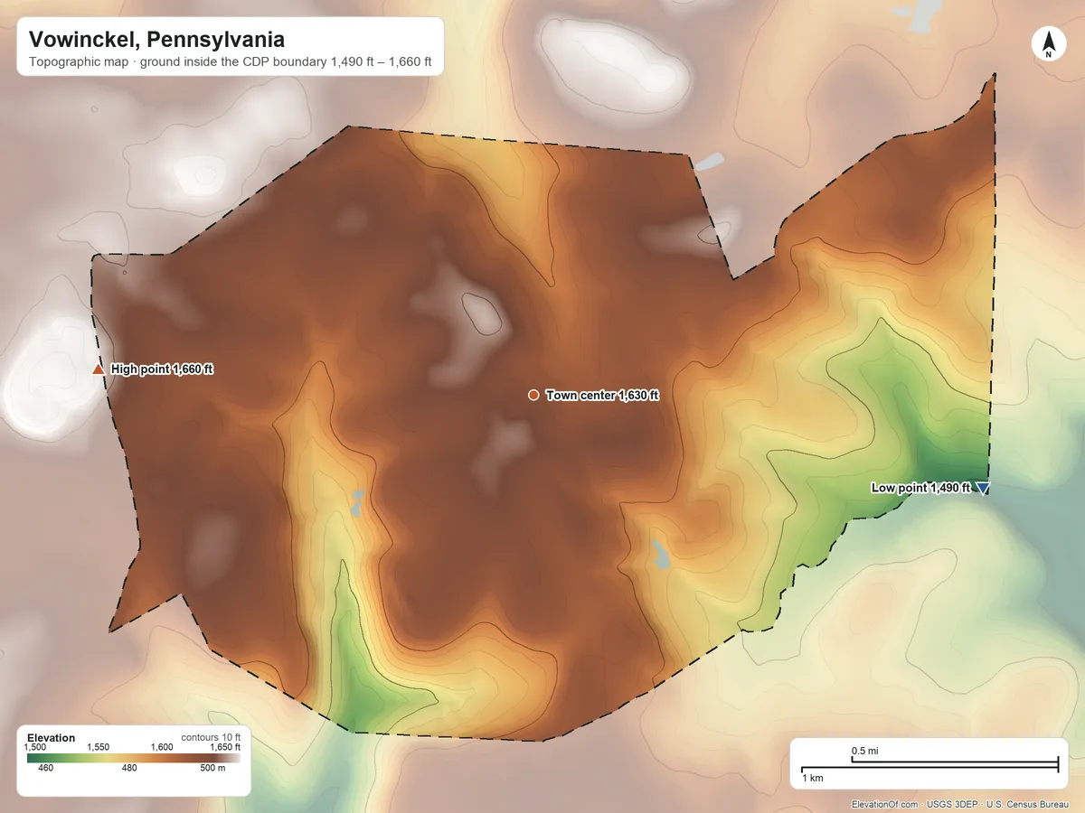Topographic elevation map of Vowinckel, Pennsylvania, shaded from 1,490 ft on the east side to 1,660 ft on the west side