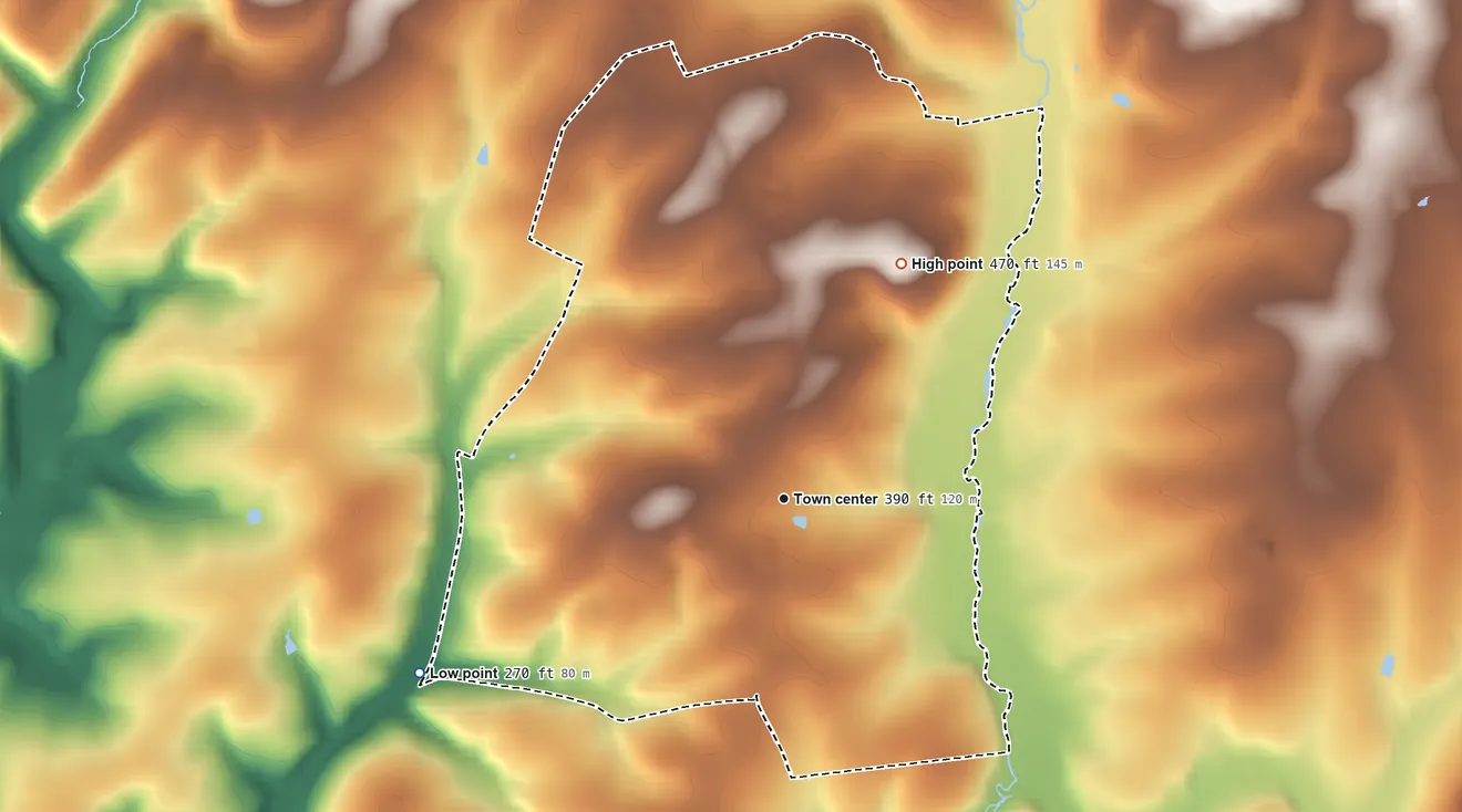 Topographic elevation map of Wakefield, Pennsylvania, shaded from 270 ft on the southwest side to 470 ft on the northeast side