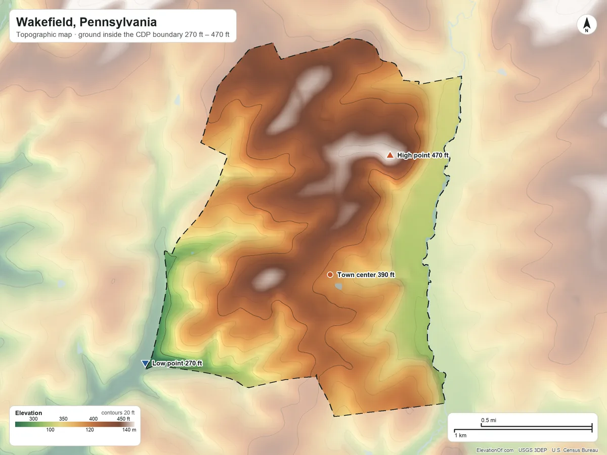 Topographic elevation map of Wakefield, Pennsylvania, shaded from 270 ft on the southwest side to 470 ft on the northeast side