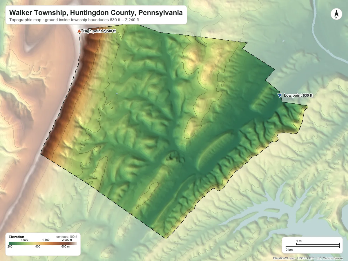 Topographic elevation map of Walker Township, Huntingdon County, Pennsylvania, shaded from 630 ft on the east side to 2,240 ft on the northwest side
