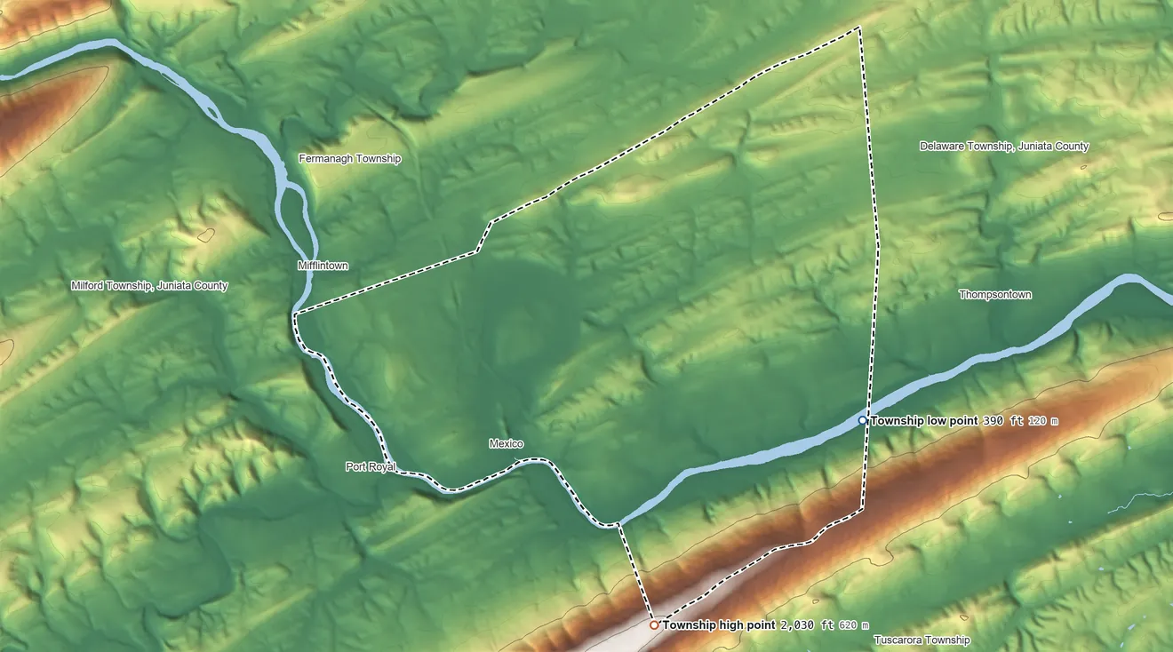 Topographic elevation map of Walker Township, Juniata County, Pennsylvania, shaded from 390 ft on the east side to 2,030 ft on the south side