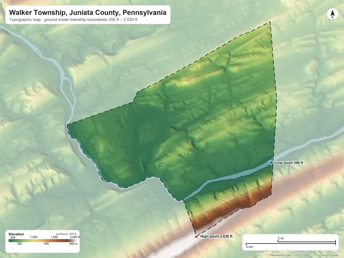Topographic elevation map of Walker Township, Juniata County, Pennsylvania, shaded from 390 ft on the east side to 2,030 ft on the south side