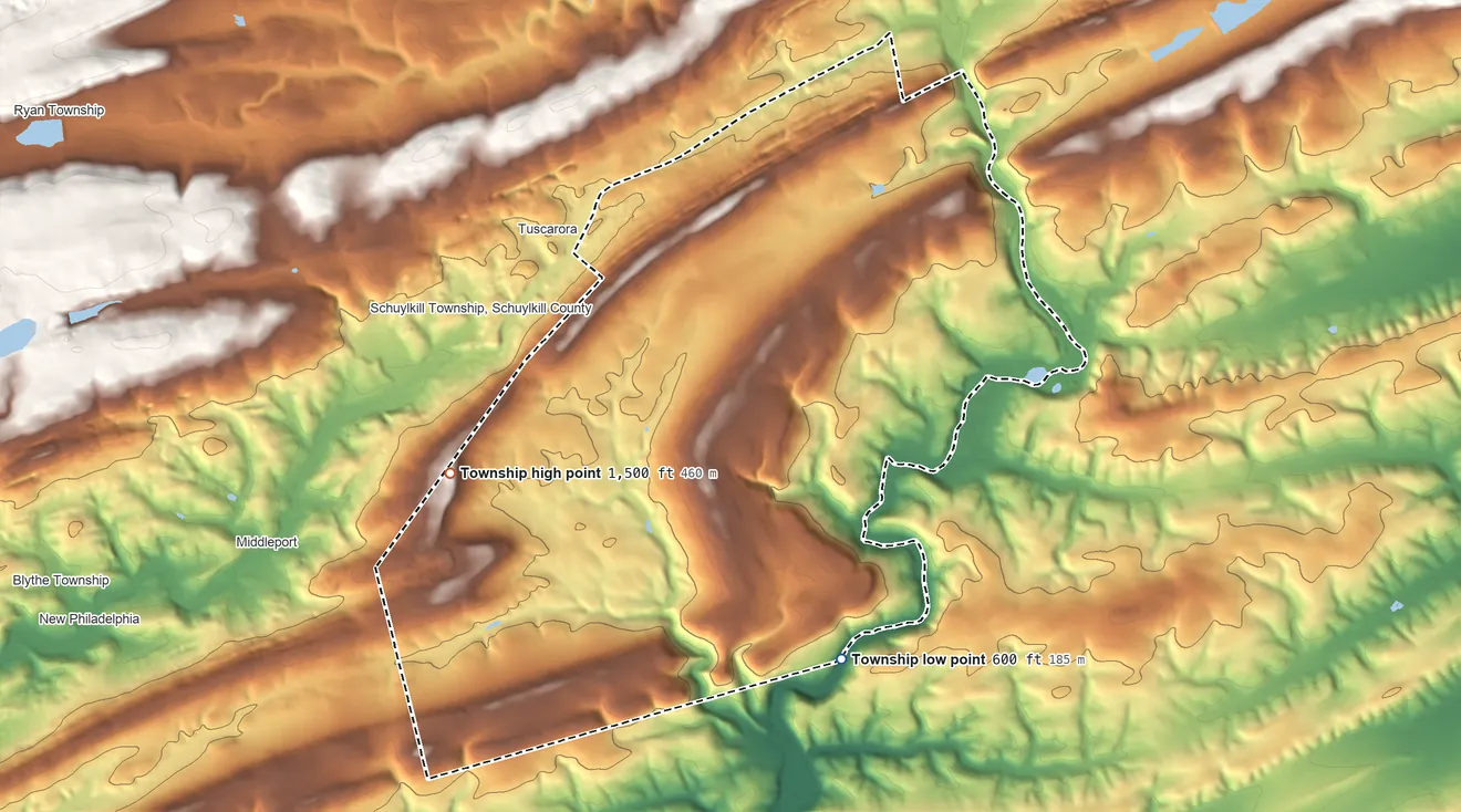 Topographic elevation map of Walker Township, Schuylkill County, Pennsylvania, shaded from 600 ft on the south side to 1,500 ft on the southwest side