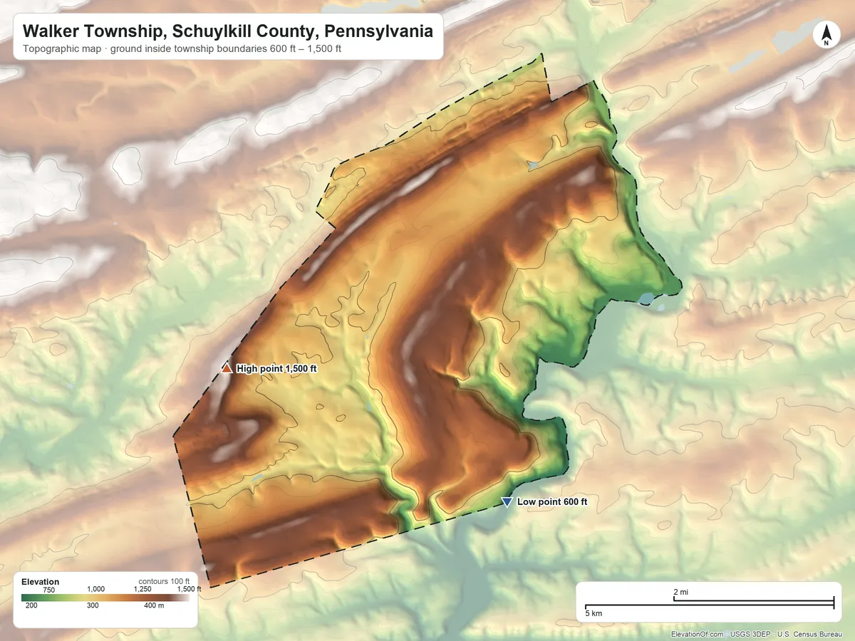 Topographic elevation map of Walker Township, Schuylkill County, Pennsylvania, shaded from 600 ft on the south side to 1,500 ft on the southwest side