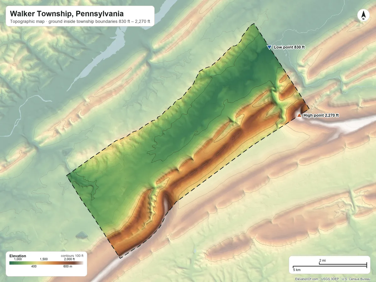 Topographic elevation map of Walker Township, Pennsylvania, shaded from 830 ft on the northeast side to 2,270 ft on Big Kettle Mountain