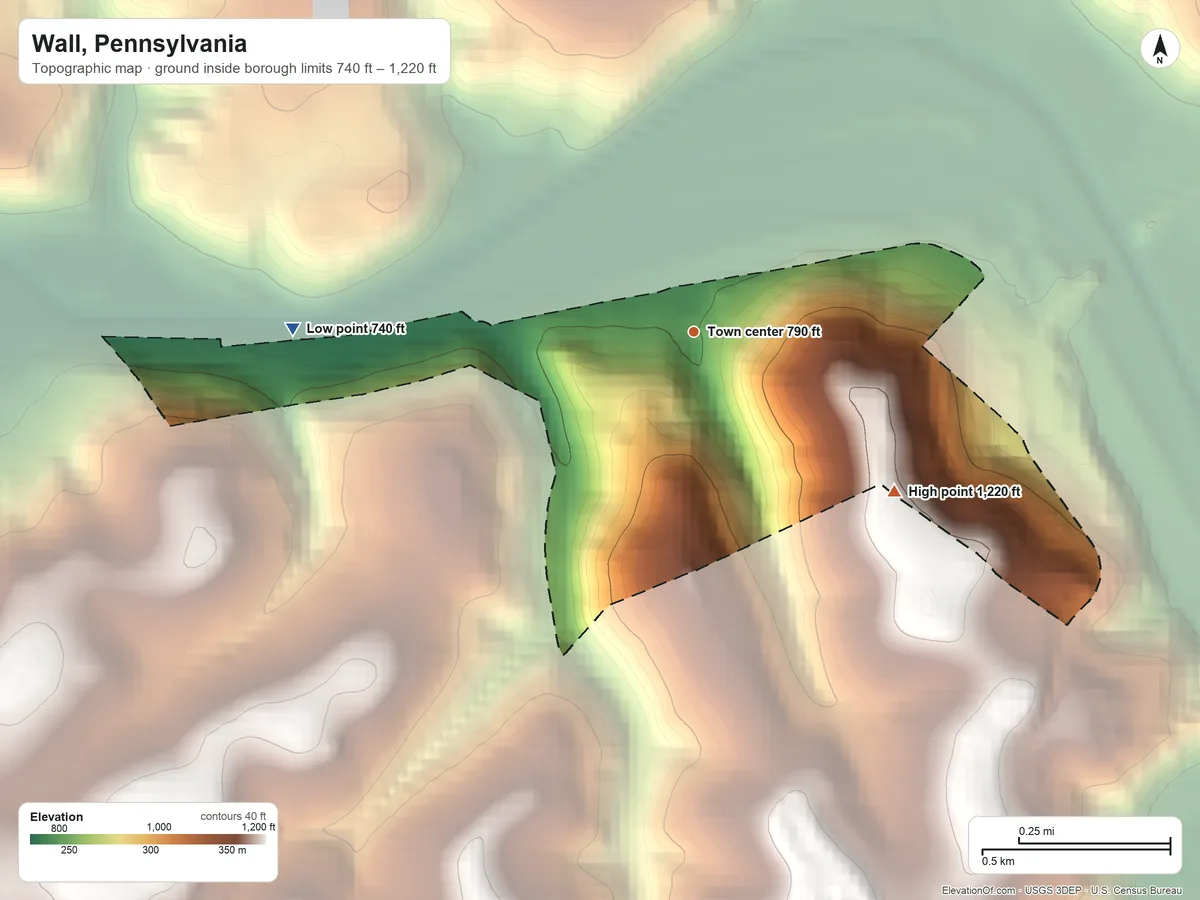 Topographic elevation map of Wall, Pennsylvania, shaded from 740 ft on the west side to 1,220 ft on the southeast side