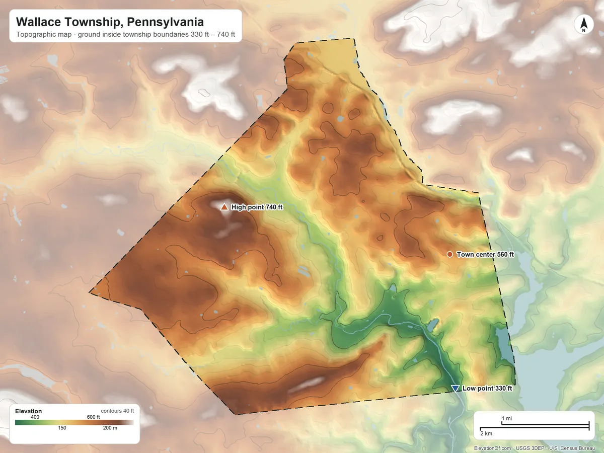 Topographic elevation map of Wallace Township, Pennsylvania, shaded from 330 ft on the south side to 740 ft on the west side