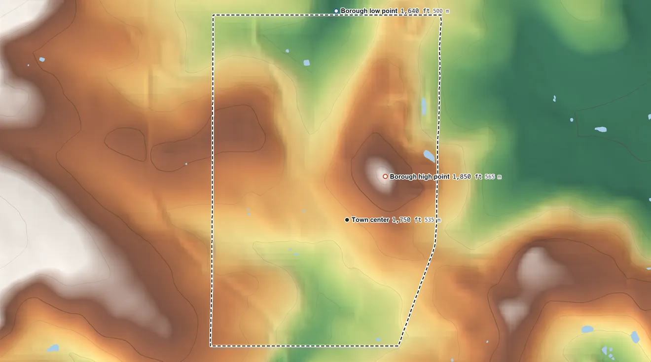 Topographic elevation map of Wallaceton, Pennsylvania, shaded from 1,640 ft on the north side to 1,850 ft on the northeast side