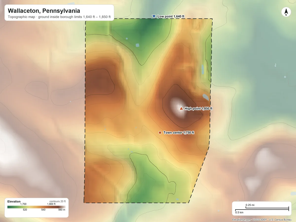 Topographic elevation map of Wallaceton, Pennsylvania, shaded from 1,640 ft on the north side to 1,850 ft on the northeast side