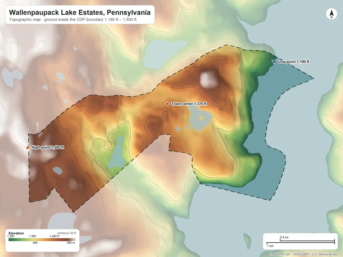 Topographic elevation map of Wallenpaupack Lake Estates, Pennsylvania, shaded from 1,190 ft on the east side to 1,500 ft on the west side