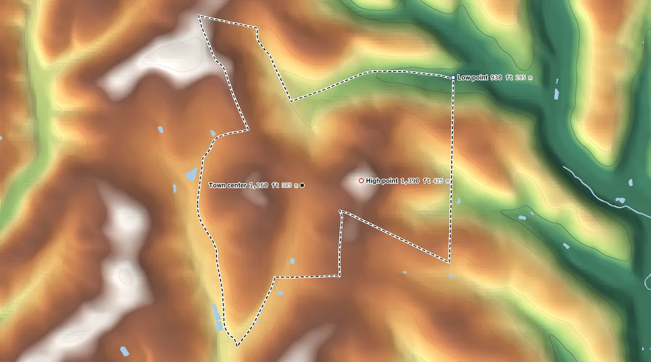 Topographic elevation map of Waller, Pennsylvania, shaded from 930 ft on the northeast side to 1,390 ft on the east side