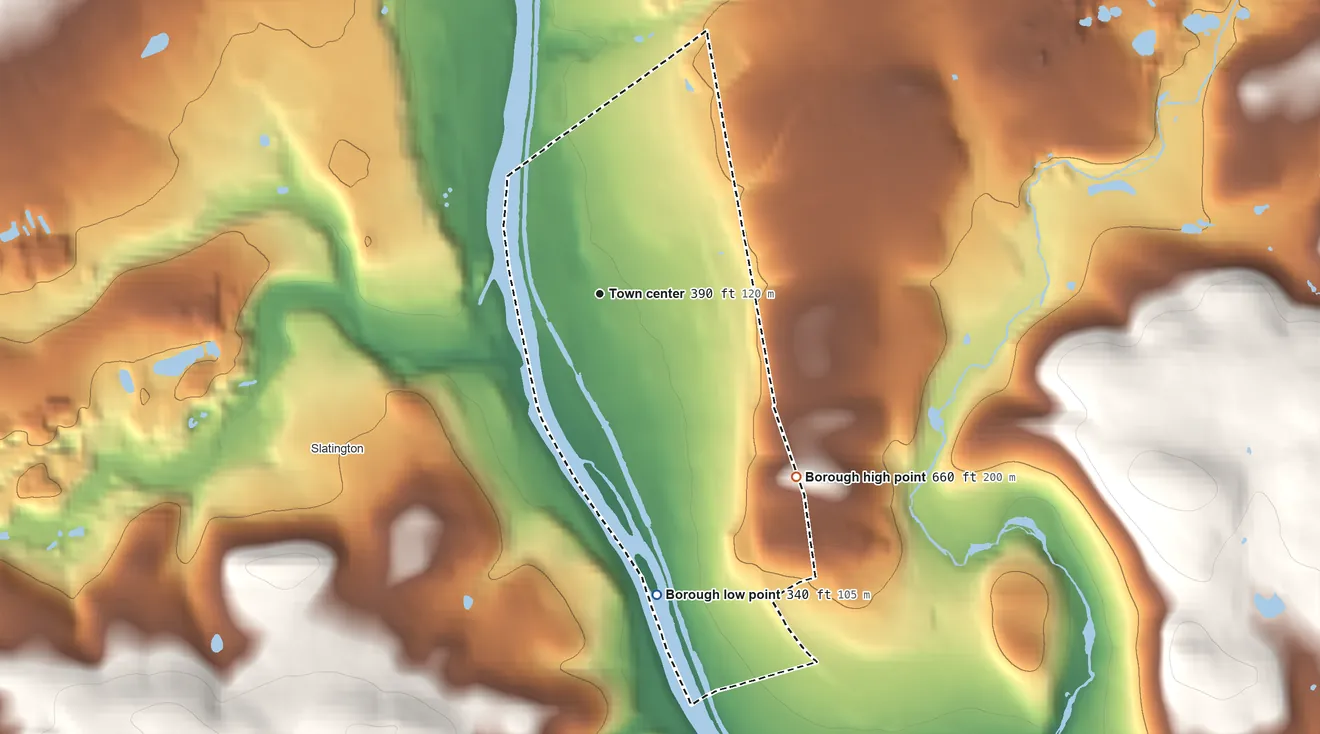 Topographic elevation map of Walnutport, Pennsylvania, shaded from 340 ft on the south side to 660 ft at the foot of the Indian Hills