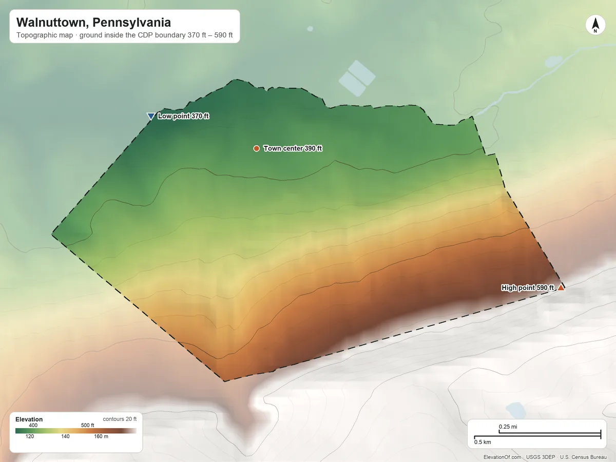 Topographic elevation map of Walnuttown, Pennsylvania, shaded from 370 ft on the west side to 590 ft on the southeast edge, below higher ground just outside