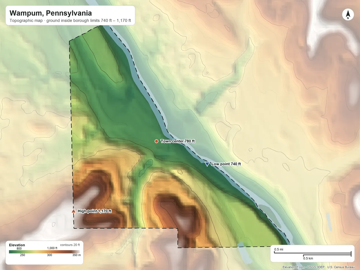 Topographic elevation map of Wampum, Pennsylvania, shaded from 740 ft on the southeast side to 1,170 ft on the southwest side
