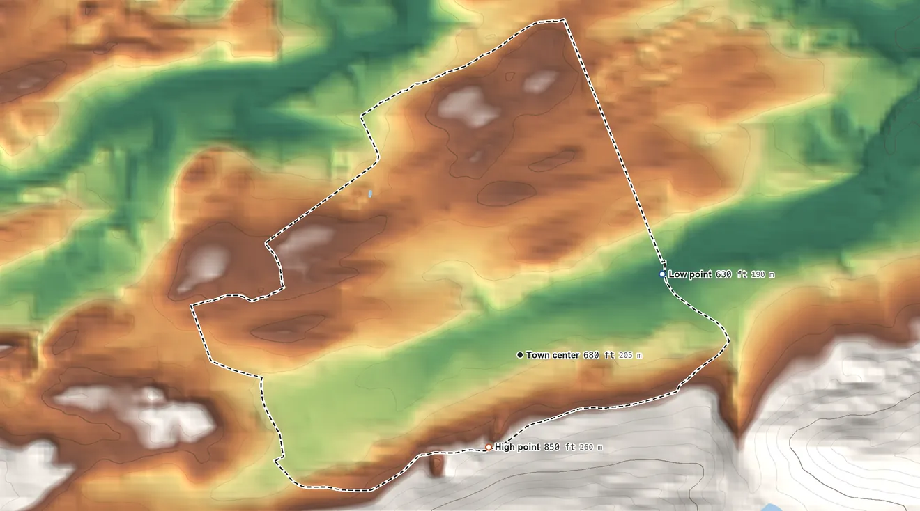 Topographic elevation map of Wanamie, Pennsylvania, shaded from 630 ft on the northeast side to 850 ft on the south edge, below higher ground just outside
