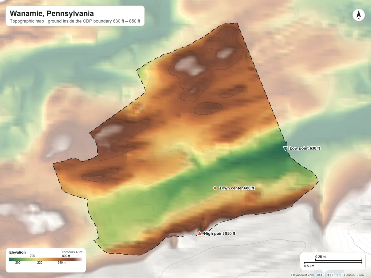 Topographic elevation map of Wanamie, Pennsylvania, shaded from 630 ft on the northeast side to 850 ft on the south edge, below higher ground just outside