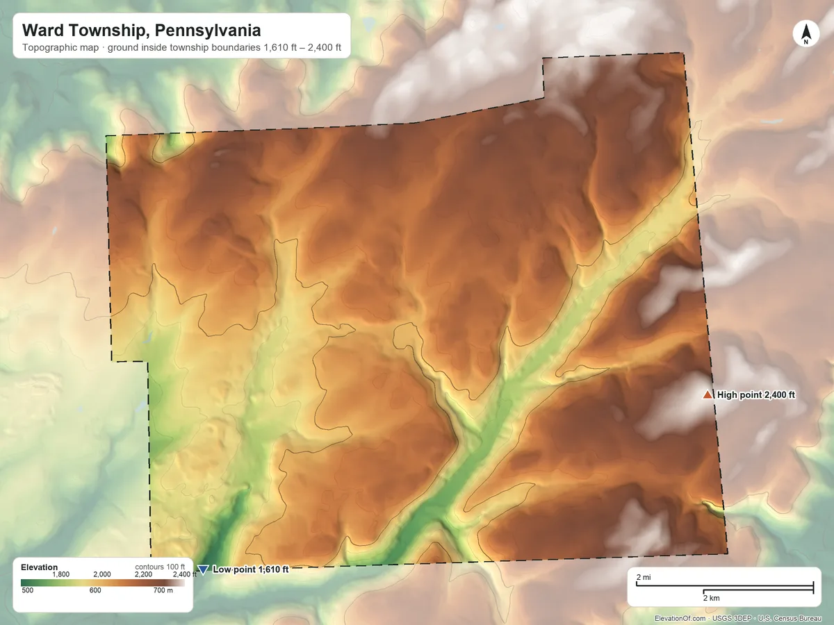 Topographic elevation map of Ward Township, Pennsylvania, shaded from 1,610 ft on the southwest side to 2,400 ft on the southeast side