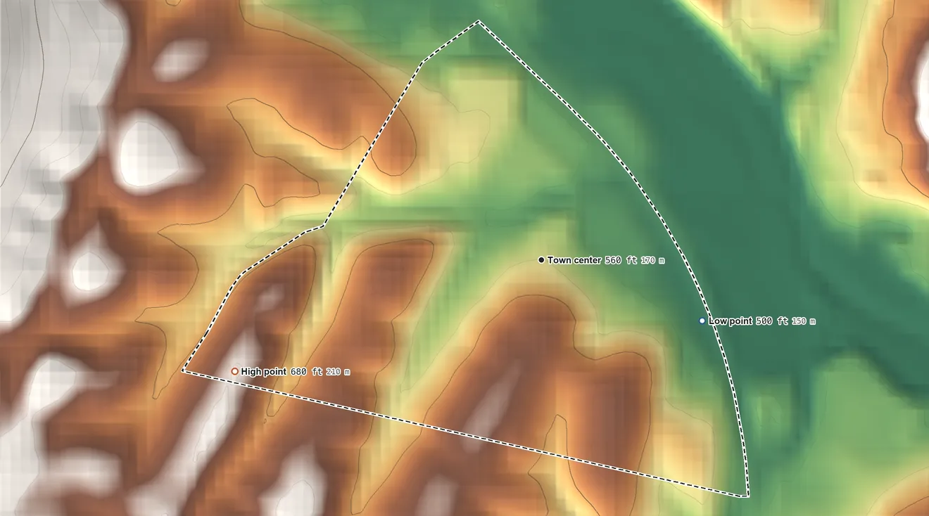 Topographic elevation map of Warfordsburg, Pennsylvania, shaded from 500 ft on the east side to 680 ft on the west side