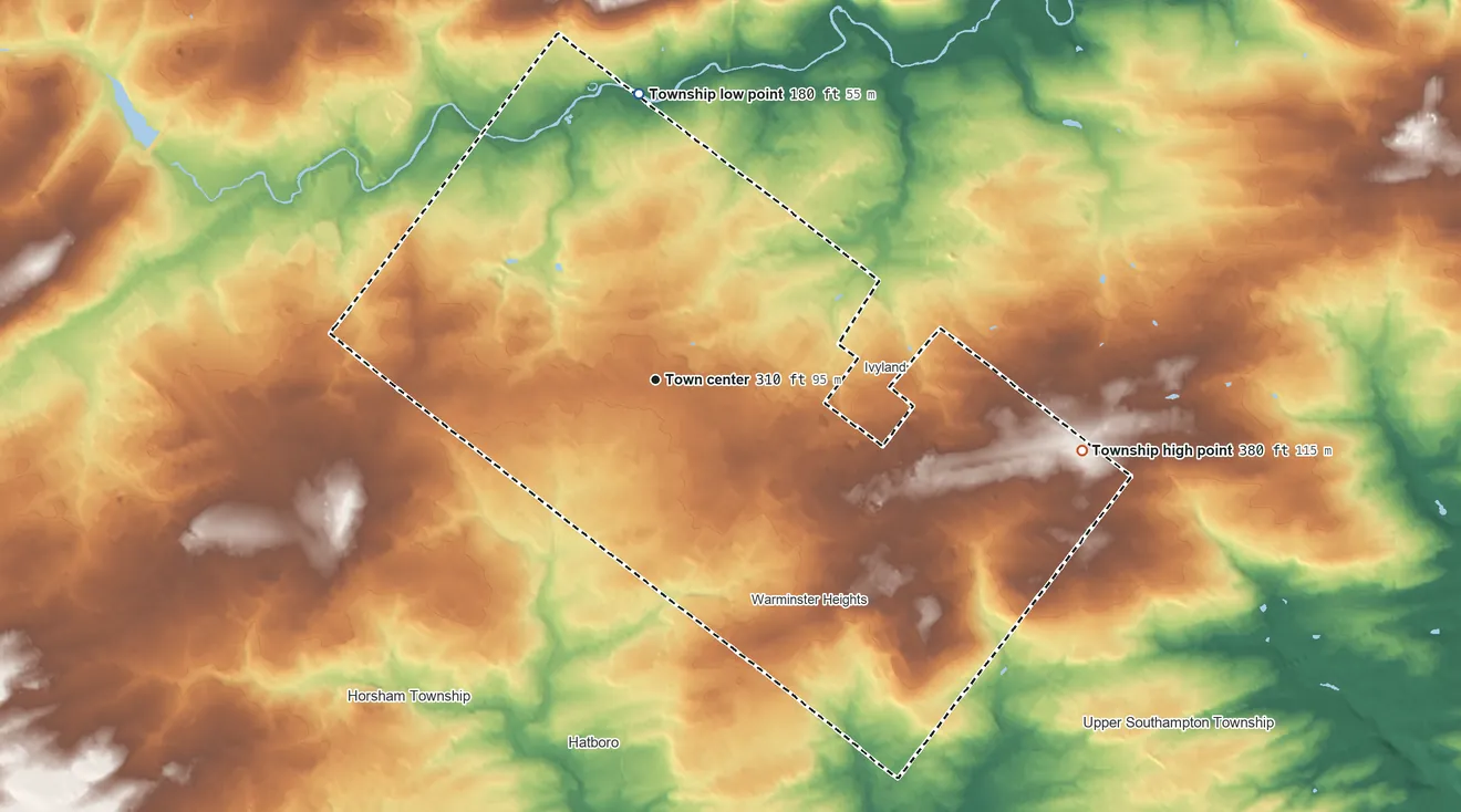 Topographic elevation map of Warminster Township, Pennsylvania, shaded from 180 ft on the north side to 380 ft on the east side