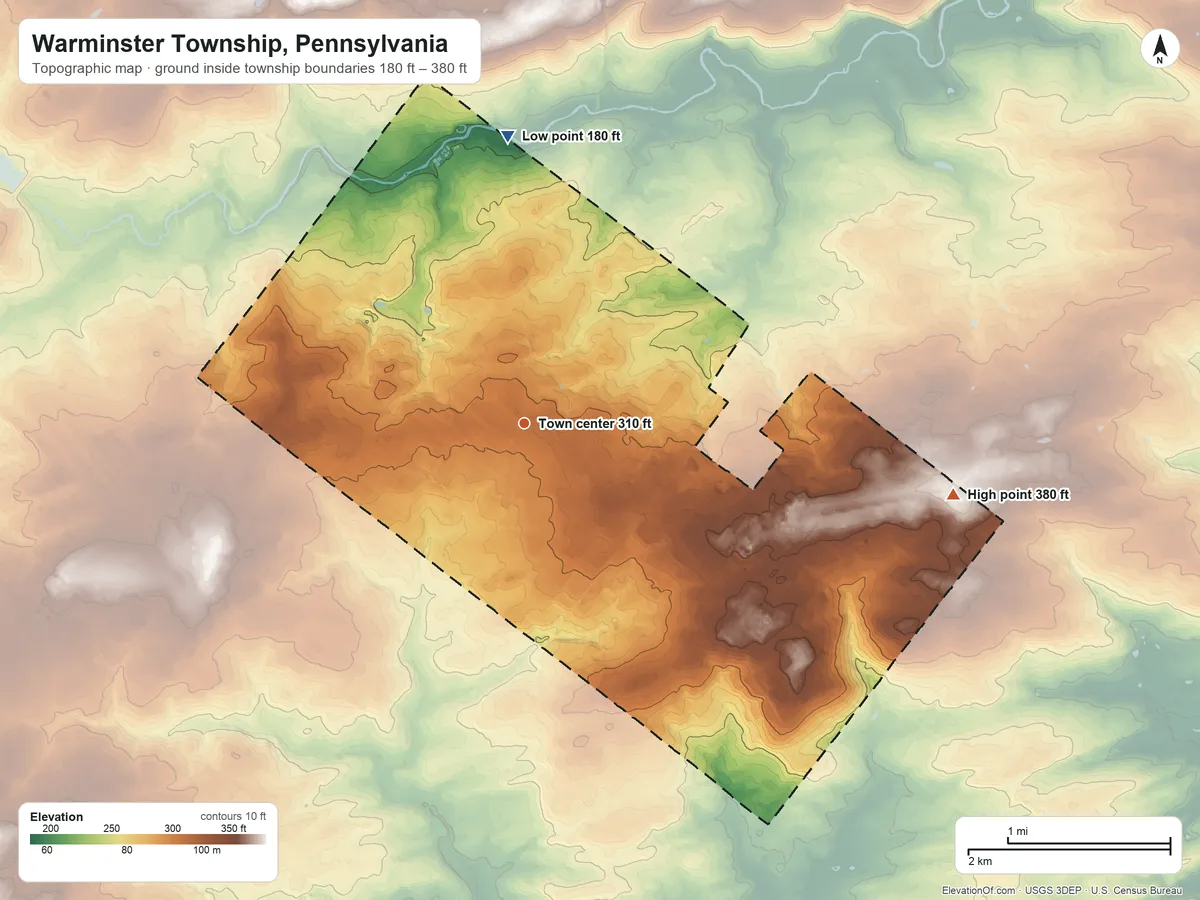Topographic elevation map of Warminster Township, Pennsylvania, shaded from 180 ft on the north side to 380 ft on the east side