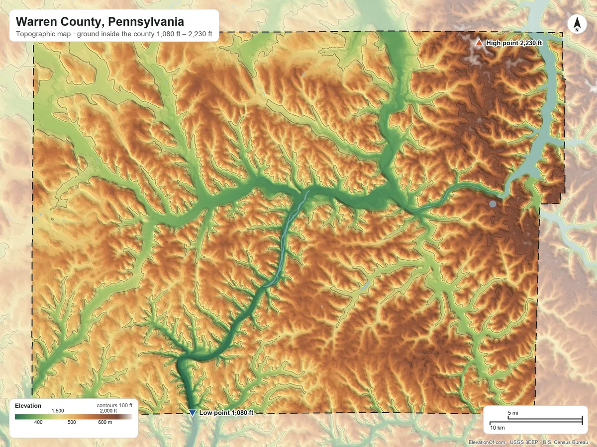 Topographic elevation map of Warren County, Pennsylvania, shaded from 1,080 ft on the southwest side to 2,230 ft on the northeast side