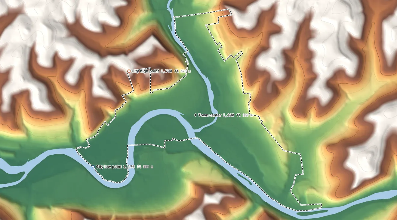 Topographic elevation map of Warren, Pennsylvania, shaded from 1,170 ft on the southwest side to 1,700 ft on the northwest side