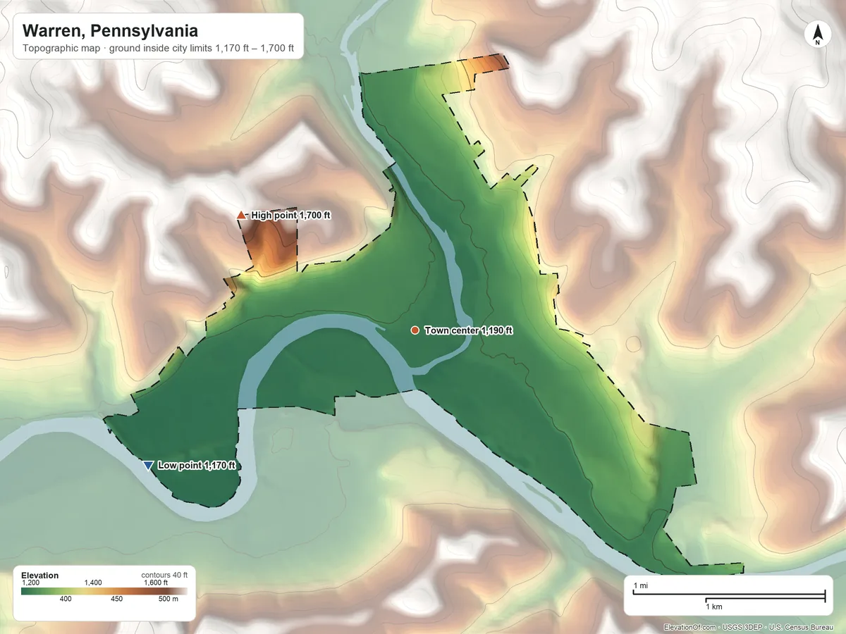 Topographic elevation map of Warren, Pennsylvania, shaded from 1,170 ft on the southwest side to 1,700 ft on the northwest side