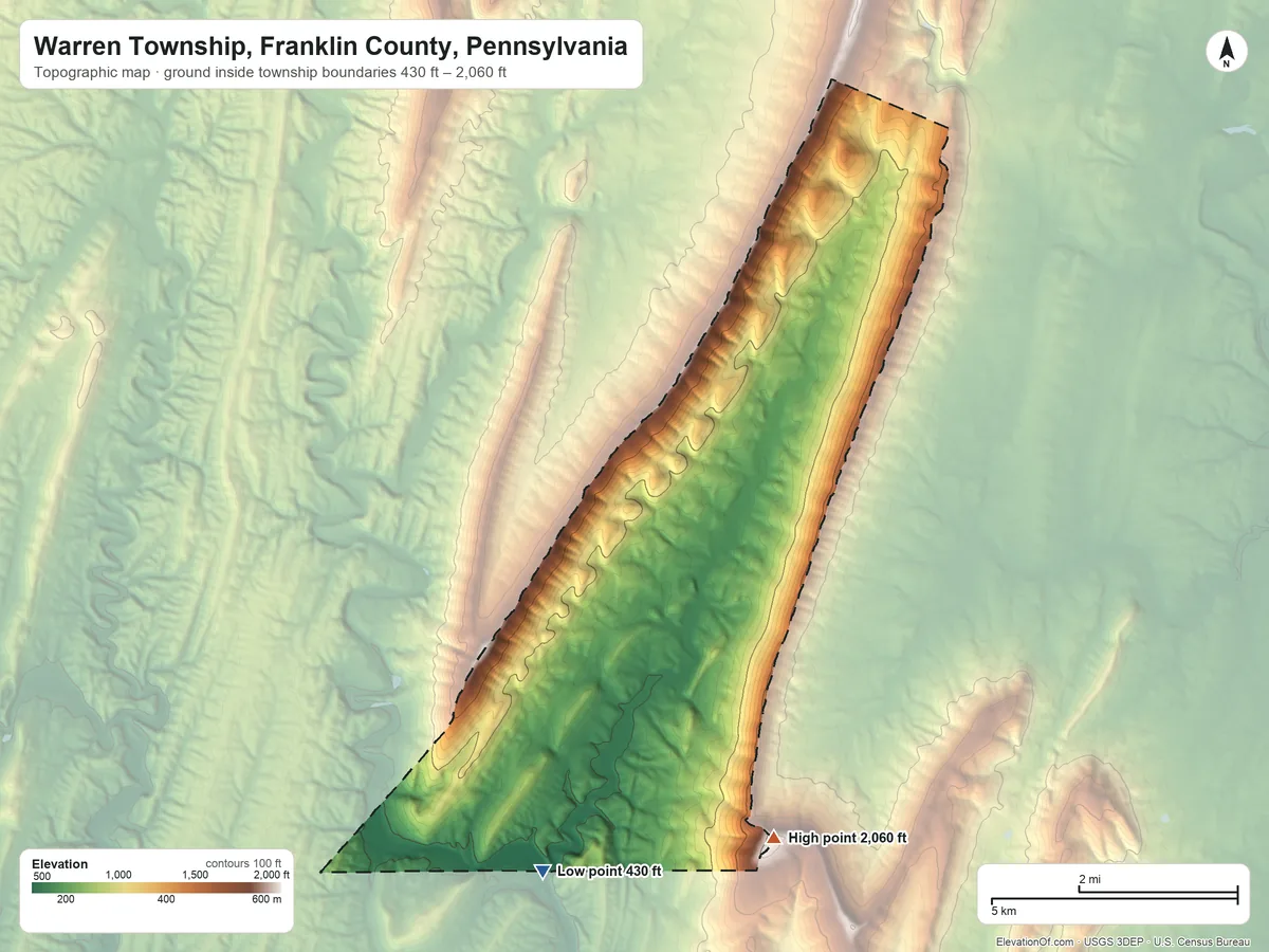 Topographic elevation map of Warren Township, Franklin County, Pennsylvania, shaded from 430 ft on the southwest side to 2,060 ft on Cross Mountain