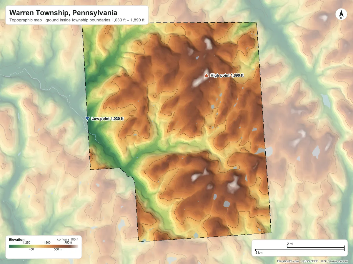 Topographic elevation map of Warren Township, Pennsylvania, shaded from 1,030 ft on the west side to 1,890 ft on the north side