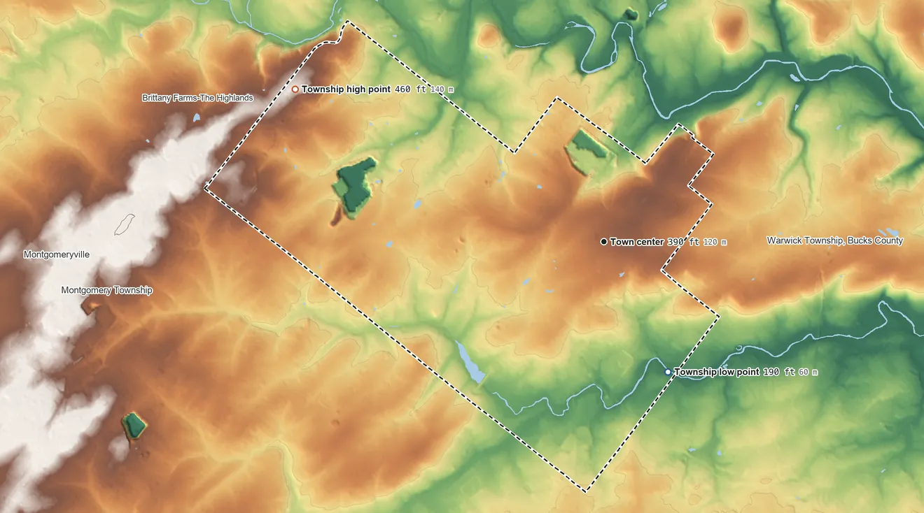 Topographic elevation map of Warrington Township, Pennsylvania, shaded from 190 ft on the southeast side to 460 ft on the northwest side