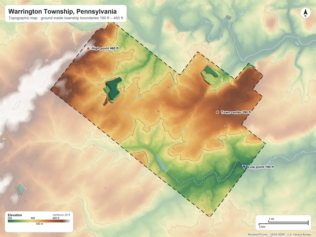 Topographic elevation map of Warrington Township, Pennsylvania, shaded from 190 ft on the southeast side to 460 ft on the northwest side