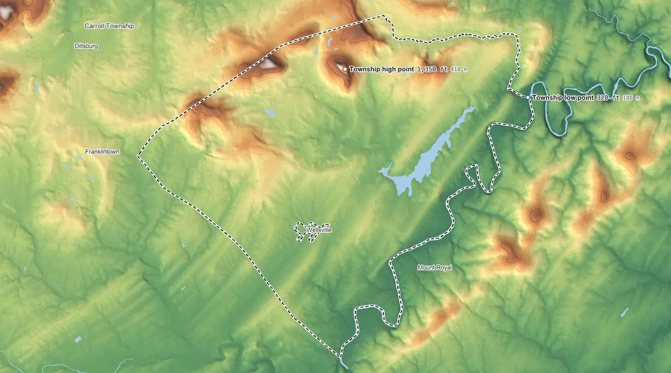 Topographic elevation map of Warrington Township, York County, Pennsylvania, shaded from 320 ft on the northeast side to 1,350 ft on Round Top