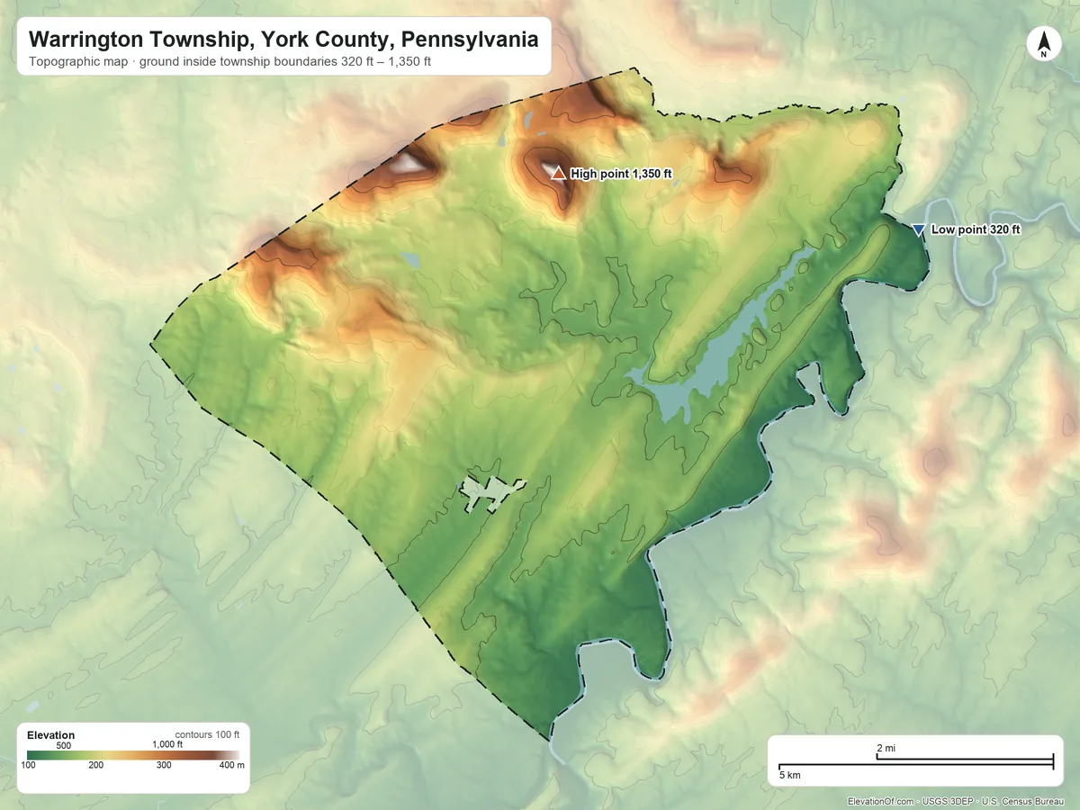 Topographic elevation map of Warrington Township, York County, Pennsylvania, shaded from 320 ft on the northeast side to 1,350 ft on Round Top