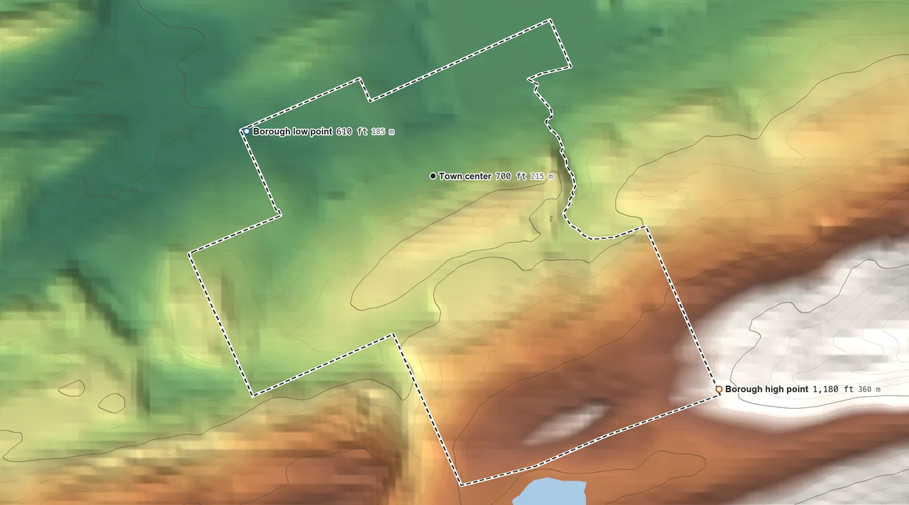 Topographic elevation map of Warrior Run, Pennsylvania, shaded from 610 ft on the west side to 1,180 ft on the southeast edge, below higher ground just outside