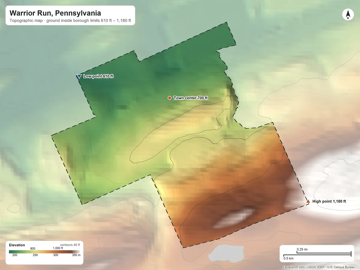 Topographic elevation map of Warrior Run, Pennsylvania, shaded from 610 ft on the west side to 1,180 ft on the southeast edge, below higher ground just outside